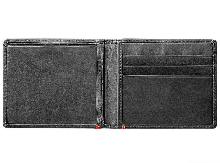 schwarze ledergeldbörse – design mit gekreuzten flügeln und metallplatte