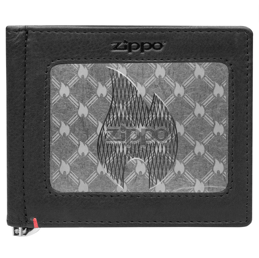 schwarze ledergeldbörse – zippo-flammen-metallplattendesign