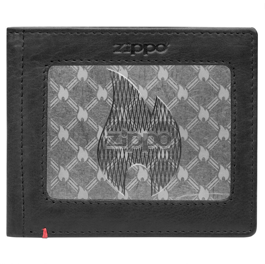 schwarze ledergeldbörse – zippo-flammen-metallplattendesign