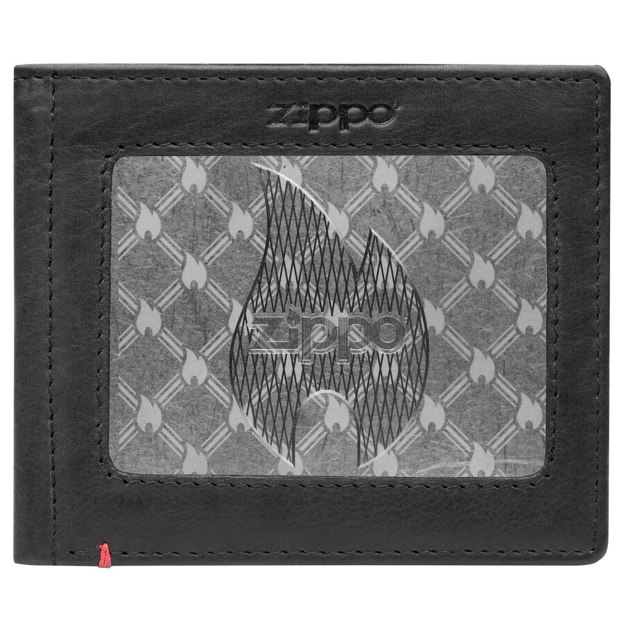 schwarze ledergeldbörse – zippo-flammen-metallplattendesign