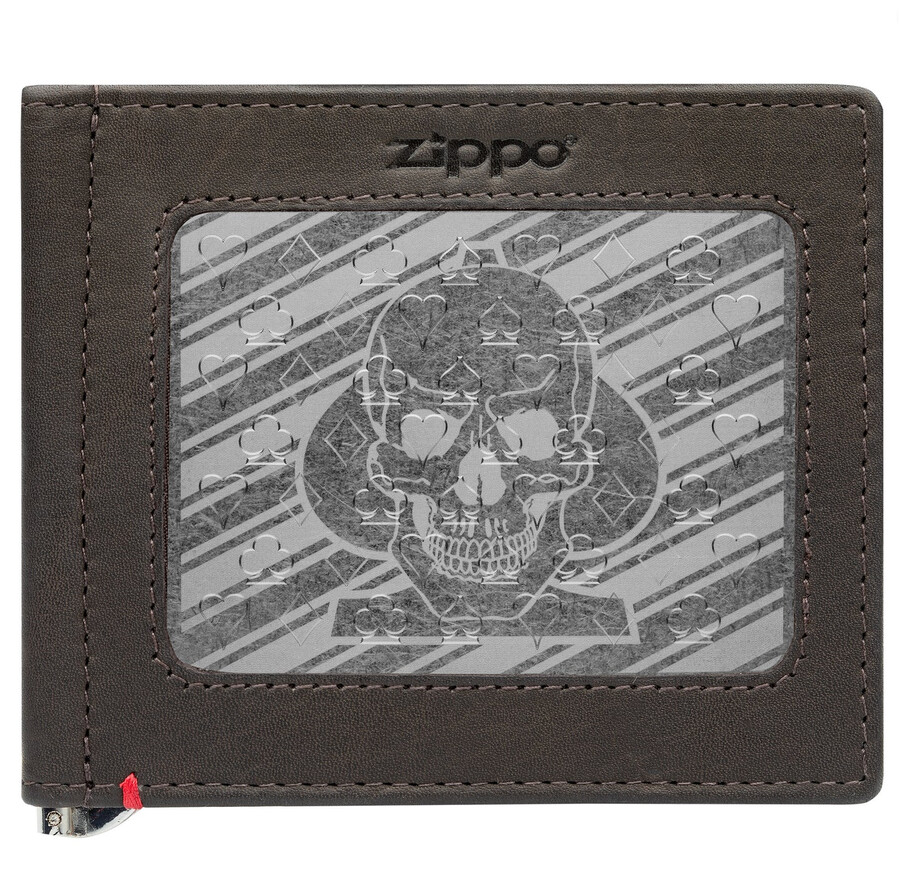 geldbörse aus mokkafarbenem leder – design mit pik-totenkopf-metallplatte