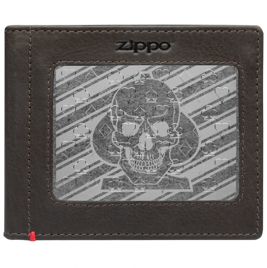 geldbörse aus mokkafarbenem leder – design mit pik-totenkopf-metallplatte