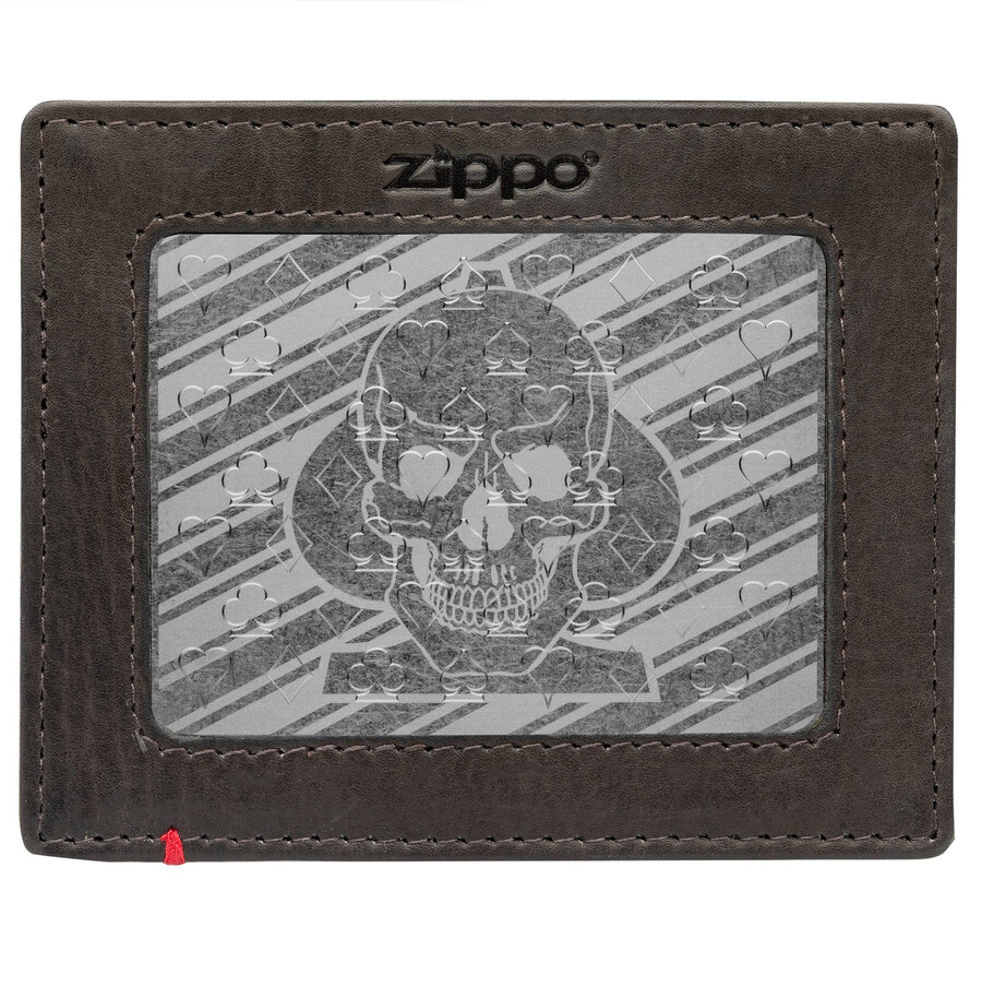 geldbörse aus mokkafarbenem leder – design mit pik-totenkopf-metallplatte