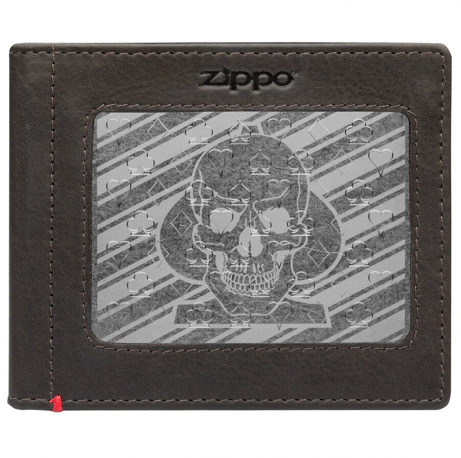geldbörse aus mokkafarbenem leder – design mit pik-totenkopf-metallplatte