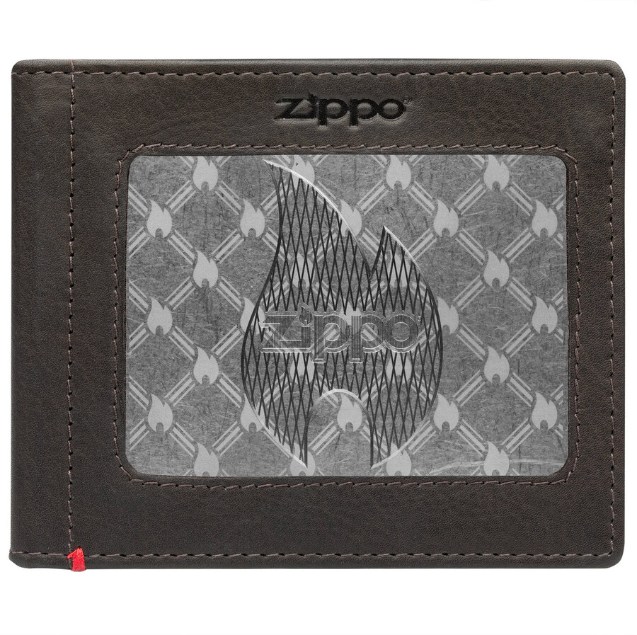 geldbörse aus mokkafarbenem leder – zippo-flammen-metallplattendesign