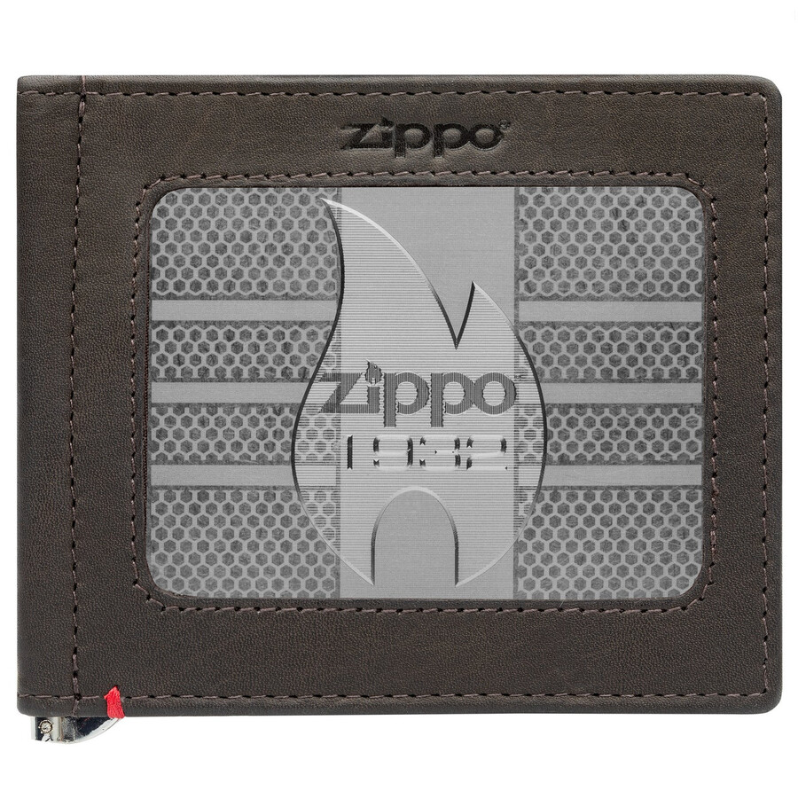 geldbörse aus mokkafarbenem leder – zippo-metallplattendesign von 1932