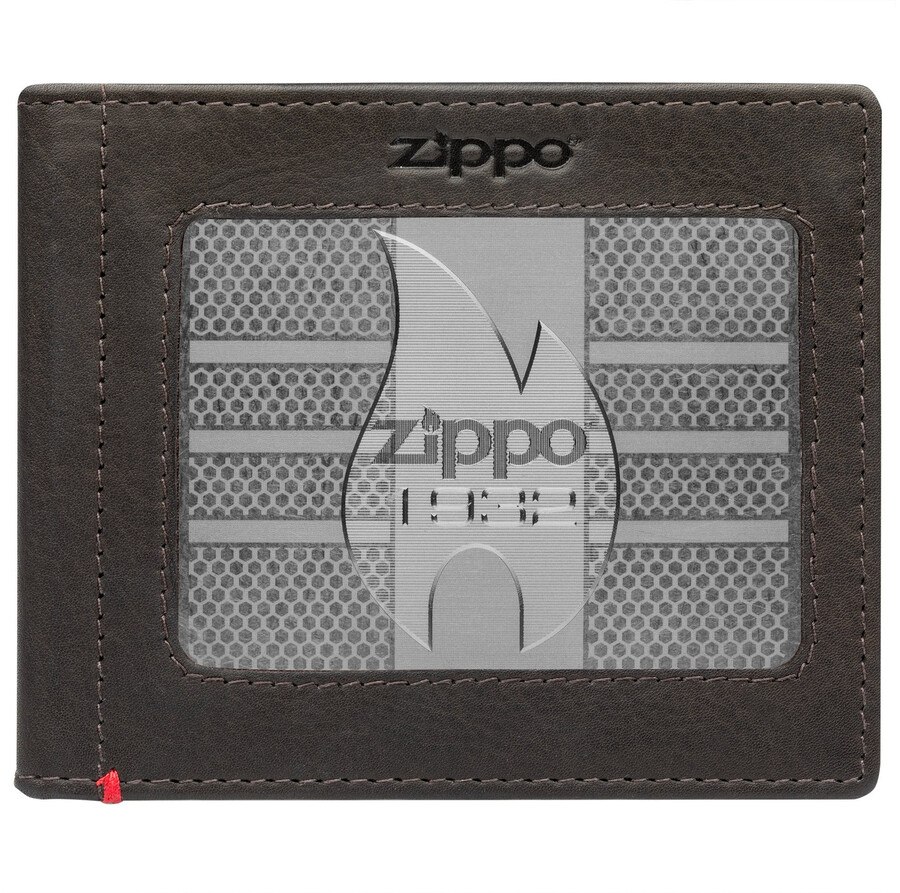 geldbörse aus mokkafarbenem leder – zippo-metallplattendesign von 1932