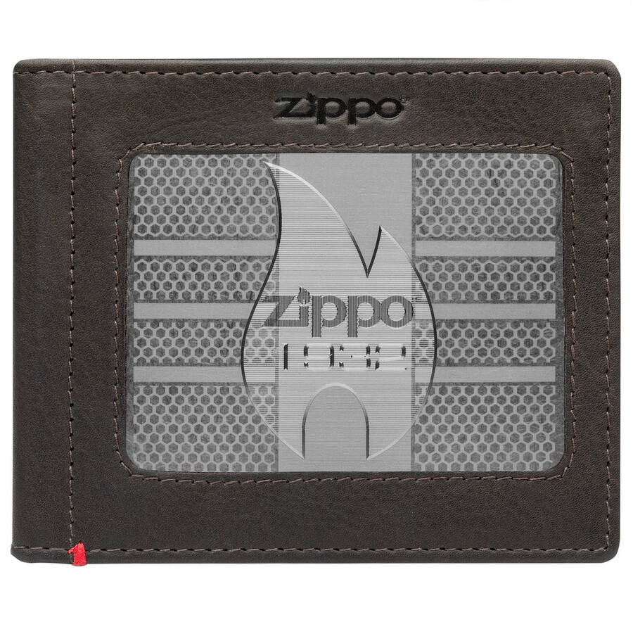 geldbörse aus mokkafarbenem leder – zippo-metallplattendesign von 1932