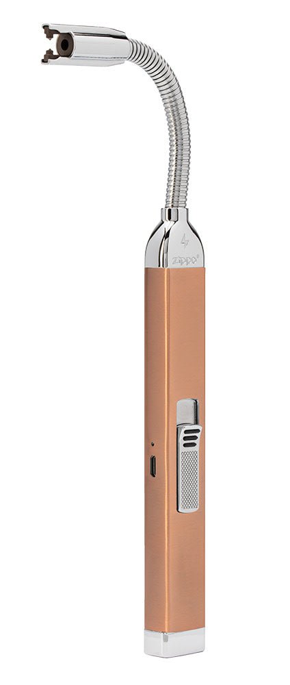 geschenkset mit wiederaufladbarem kerzenfeuerzeug in roségold und 227-g-dunenprimelkerze